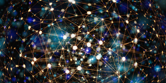 network white, light blue, and yellow dots connected to a network in front of a black surface